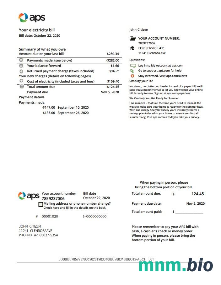 USA Arizona APS elektryczność proof of address rachunek za media szablon w formacie Word i PDF